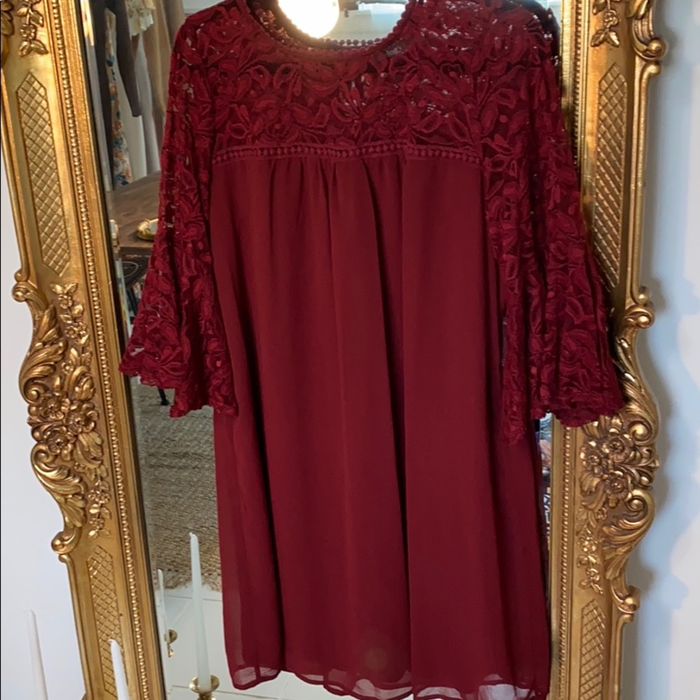 Luxology lace and sheer burgundy dress